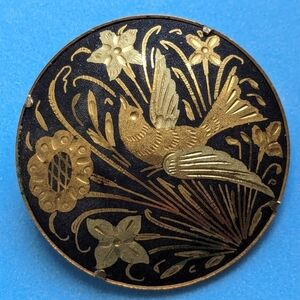 🕊️ Vintage Damascene Pin black and gold birds and floral trombone clasp 1"